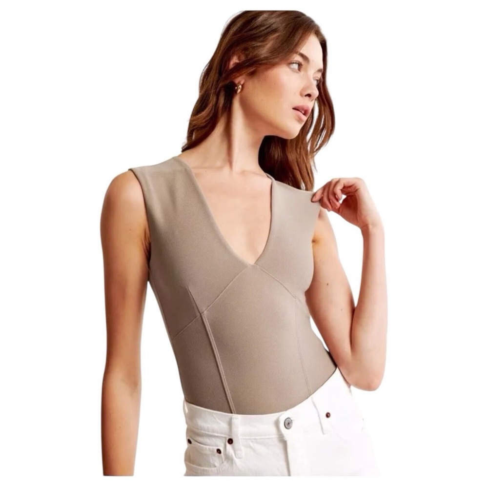 Abercrombie & Fitch Crepe Plunge V-neck Bodysuit - Taupe/Tan